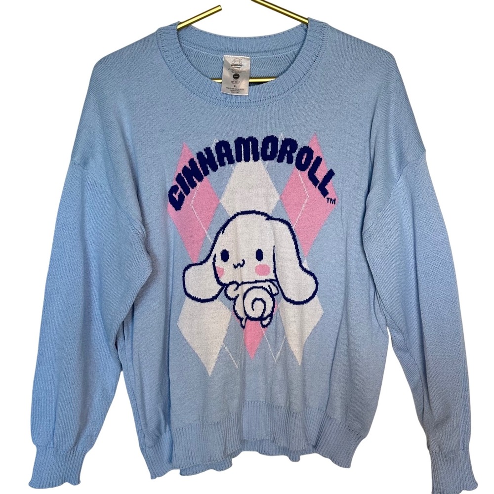 Sanrio Cinnamoroll Argyle Sweater Women's XL Kawaii Pastel Icy Blue Y2K